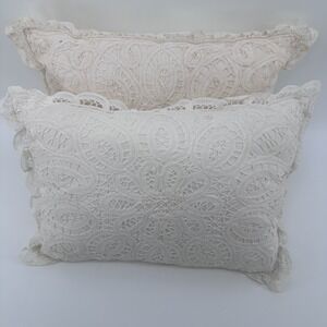 Vintage Keeco Battenberg Lace Pillows 12x18 Mismatched Pair White Cream Cottage